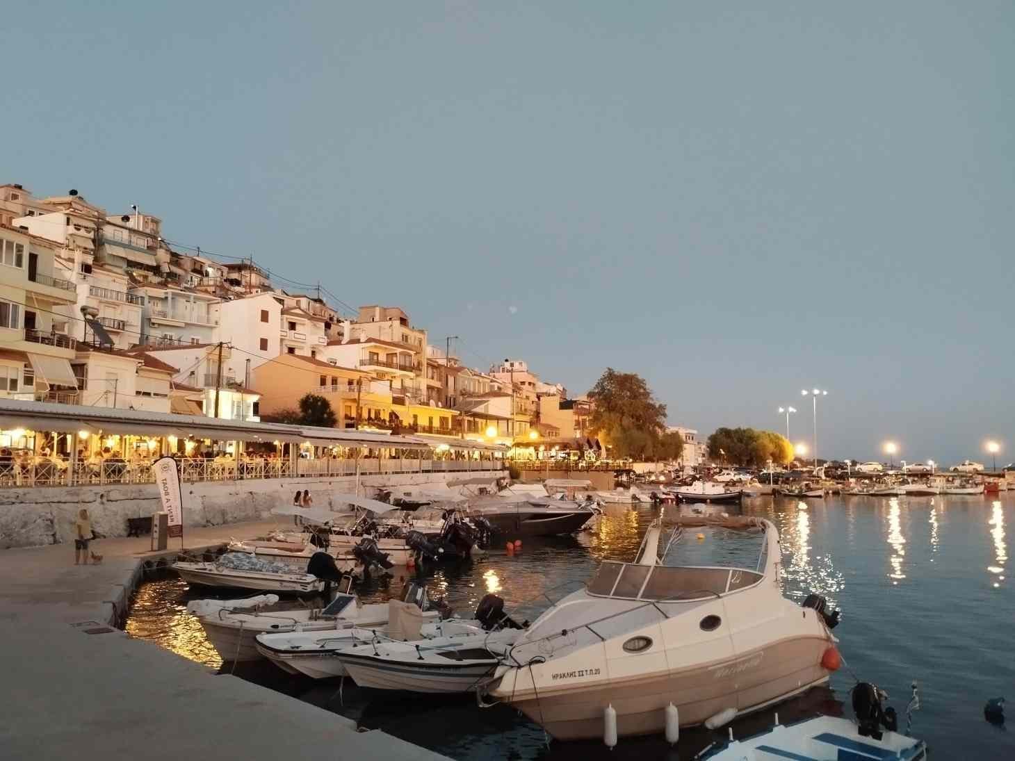 Plomari waterfront and tavernas in the evening